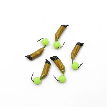 Мормышка вольф. безнасадочная "ЯМАН" Ручейник №5, d-2 мм, L-9.5 мм, вес 0,68 гр., фц. желтый шар, цв. желтый