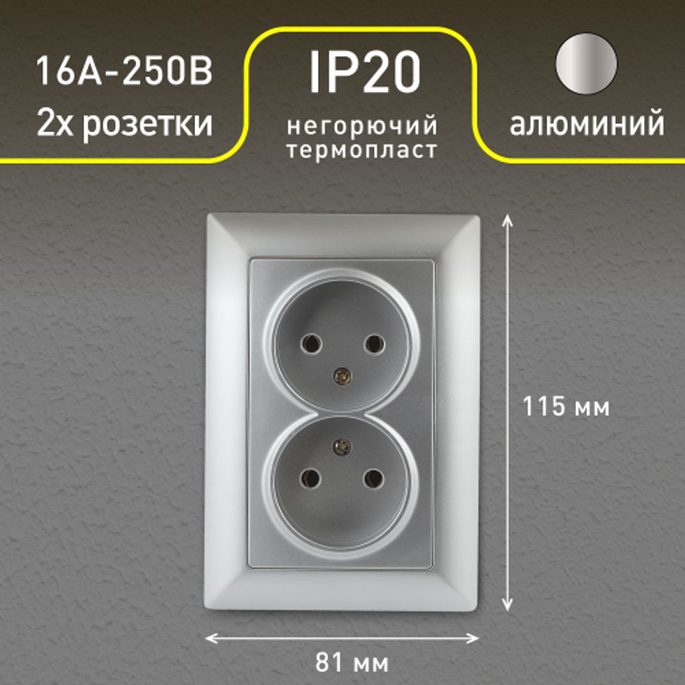 Розетка Intro Solo 4-204-03 без заземления двойная 2х2P, 16А-250В, IP20, СУ, алюминий