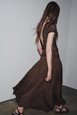 ZARA ДЛИННОЕ ПЛАТЬЕ ИЗ ВИСКОЗЫ, ШОКОЛАДНО-КОРИЧНЕВЫЙ