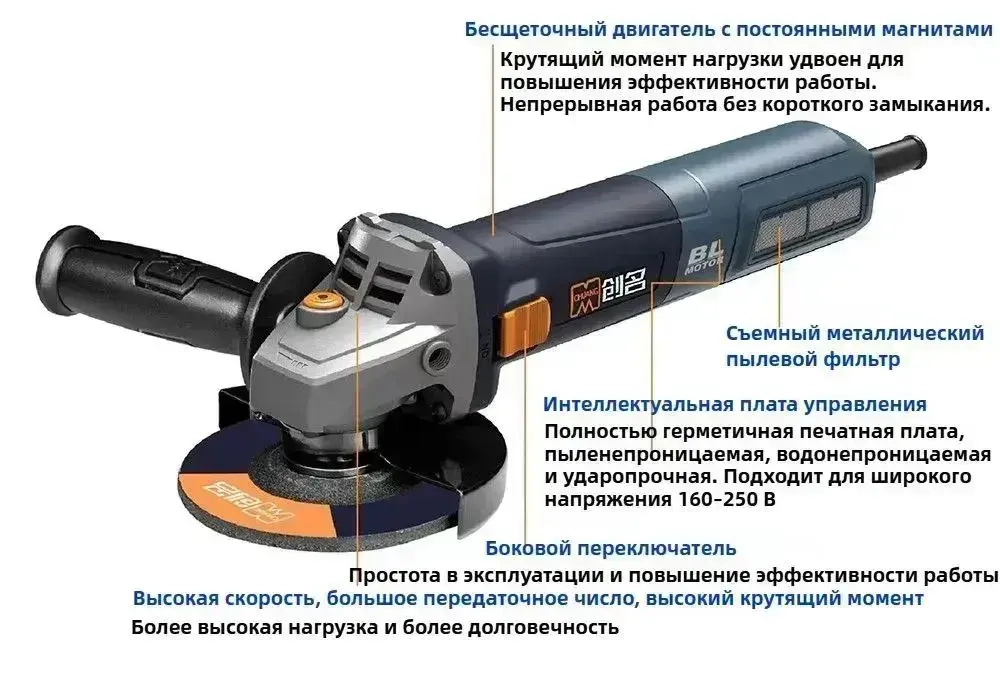 CA1013T Бесщеточная Угловая Шлифовальная Машина, 125 Мм, 5 Дюймов, 1300 Вт, 6-ступенчатая Коробка Передач 220 В, Для Резки Плитки И Камня
