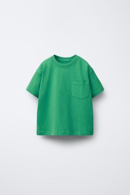 ZARA ОДНОТОННАЯ ФУТБОЛКА С КАРМАНОМ, ЗЕЛЕНЫЙ