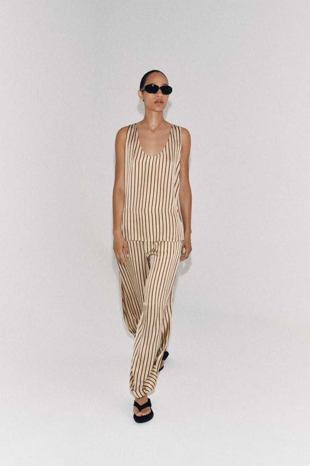 ZARA БРЮКИ BALLOON В ПОЛОСКУ ZW COLLECTION, ЭКРЮ/ГРАНАТОВЫЙ