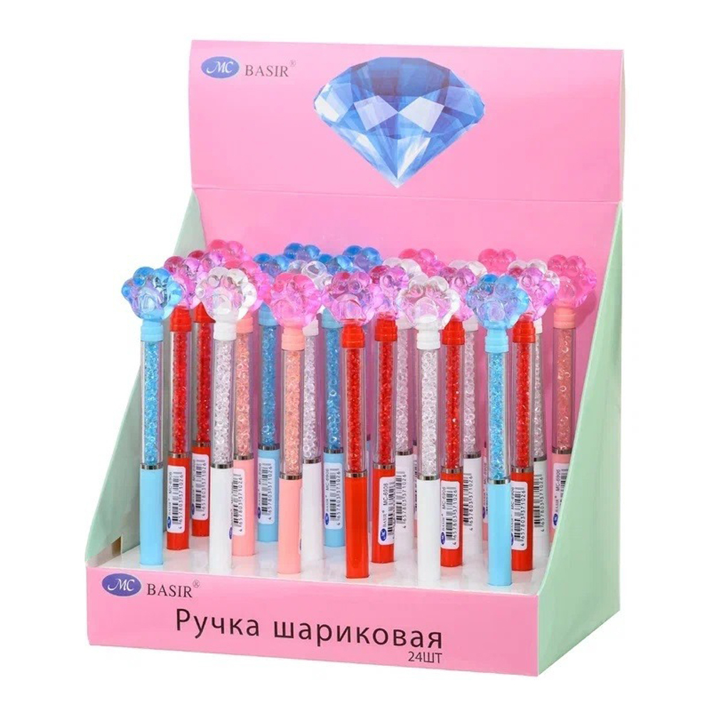 Ручка шариковая, автоматическая, Basir, синие чернила, с фигурным колпачком, серия "ЛАПКИ", разноцветный корпус со стразами, 24 шт