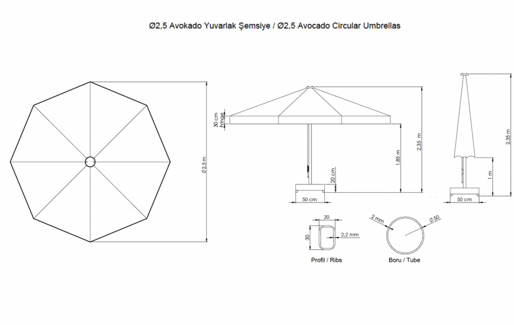 Зонт профессиональный Ø2.5 м Theumbrela Semsiye Evi Avocado