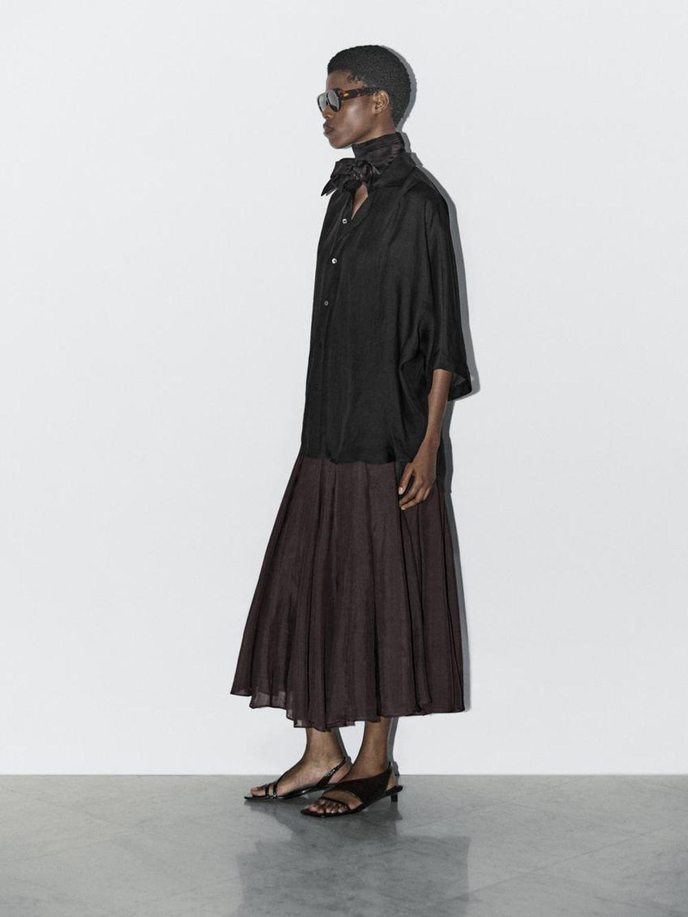 Massimo Dutti Рубашка из 100% ткани рами с рукавами «летучая мышь» - Studio, черный