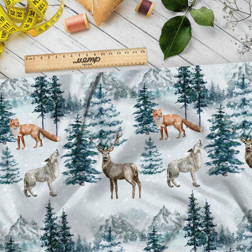 Ткань бязь животные в заснеженном лесу