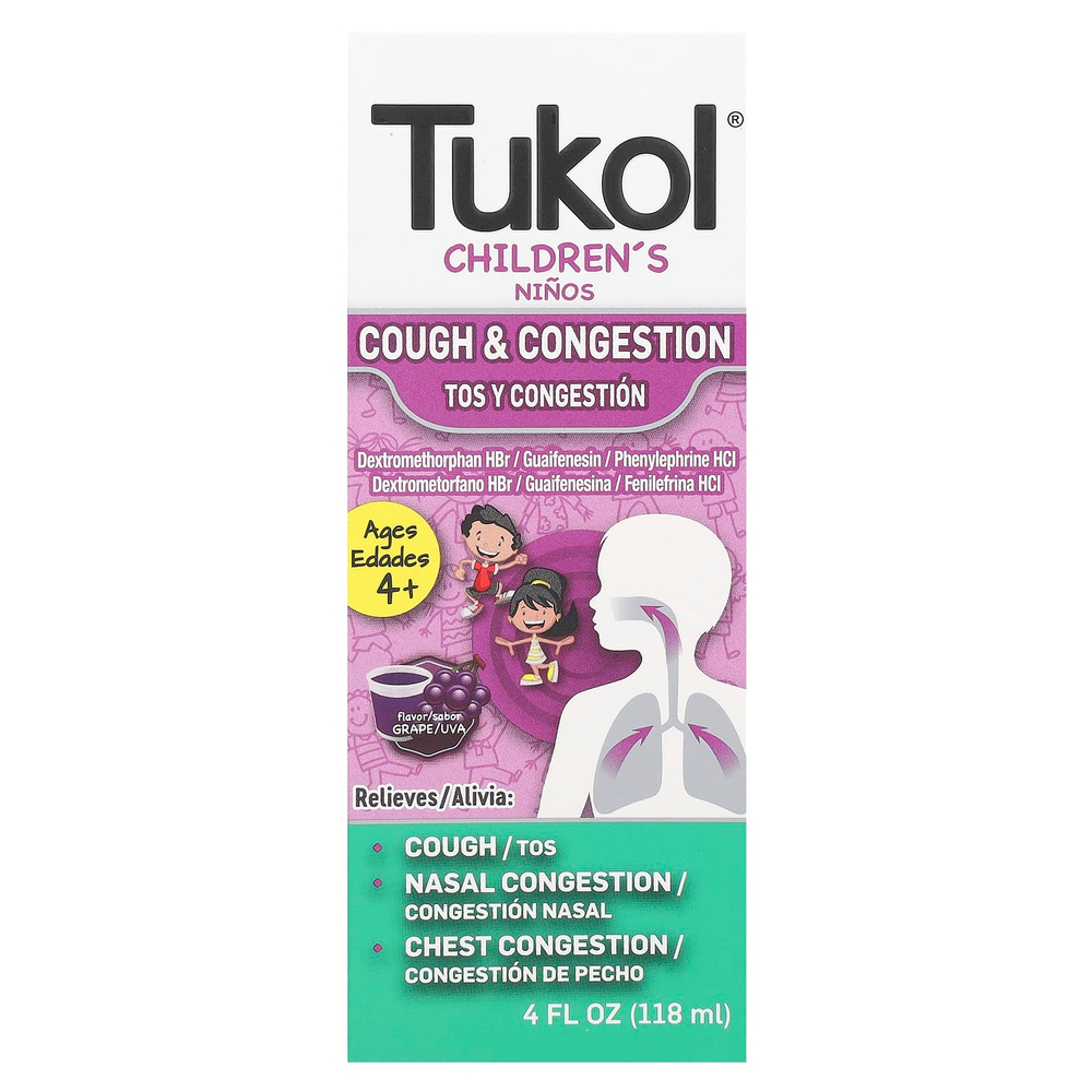 Tukol, Children's, средство от кашля и заложенности носа, для детей от 4 лет, со вкусом винограда, 118 мл (4 жидк. унции)