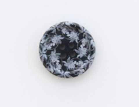 Пуговица пластиковая, круглая, чёрная с серыми узорами, 4 отверстия, 17 мм