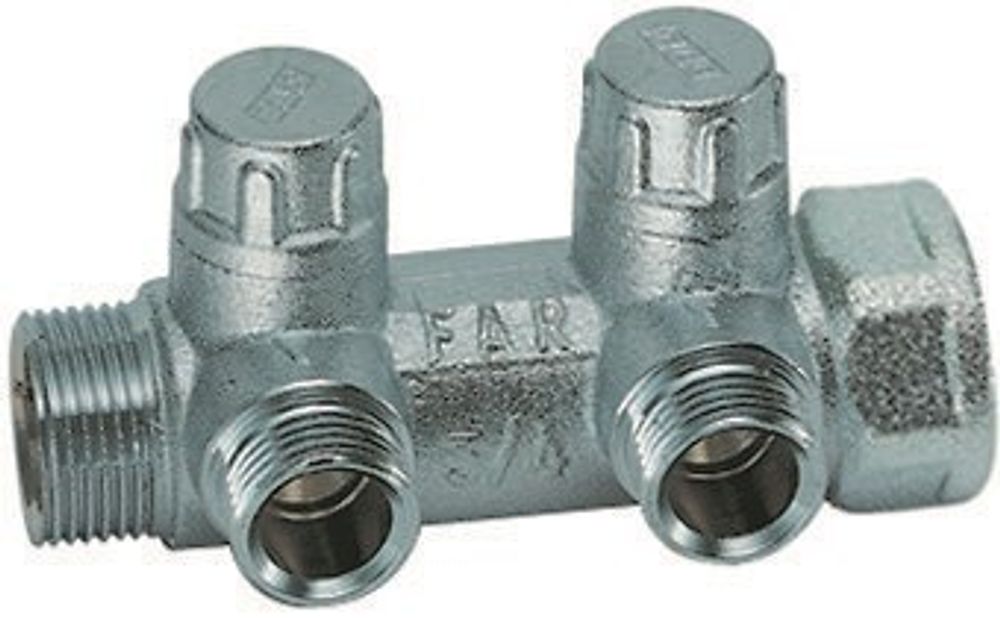 Запорный коллектор 1&quot; (ВР-НР) с 2 отв. 3/4&quot; НР (межосев. 45 мм)