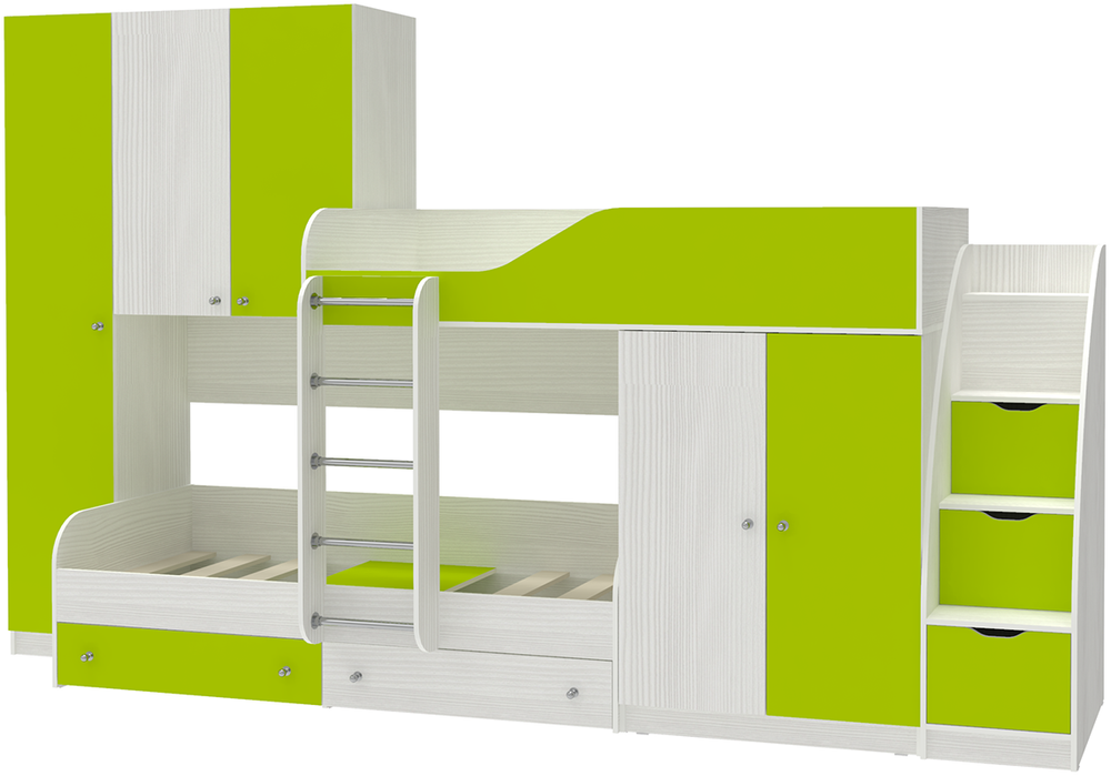 Двухъярусная кровать КарИВи Лео с лестницей Комод КарИВиом Белое Дерево Лайм