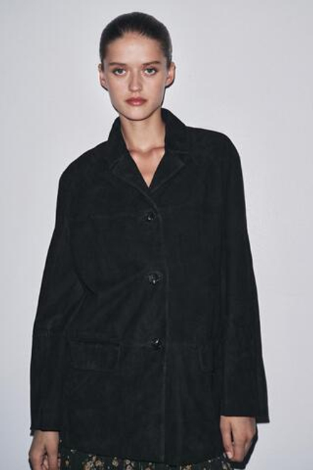 ZARA БЛЕЙЗЕР ОВЕРСАЙЗ ИЗ ЗАМШИ, 100% — ZW COLLECTION, ЧЕРНЫЙ
