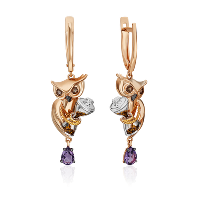 Серьги «Мудрость жизни» с английским замком из комбинированного золота с аметистом, кварцем дымчатым и эмалью