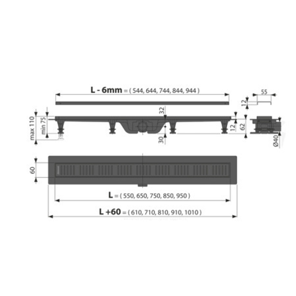 Водоотводящий желоб с порогами для перфорированной решетки AlcaPlast APZ10BLACK-950M Simple