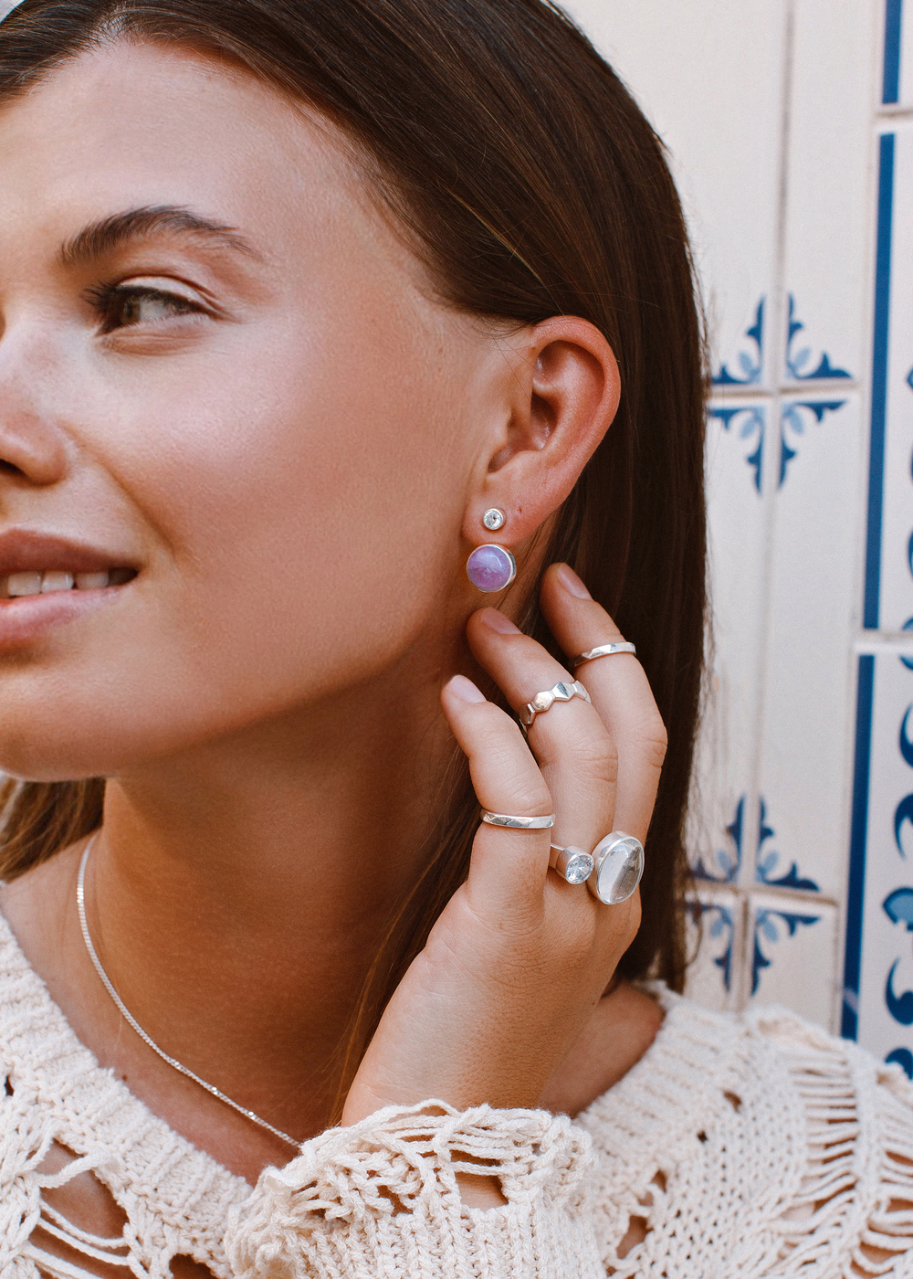 Двойные серьги-трансформеры с лавандовым аметистом и белым цирконом