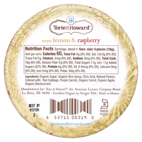 Torie & Howard, органические леденцы, лимон Мейера и малина, 57 г (2 унции)