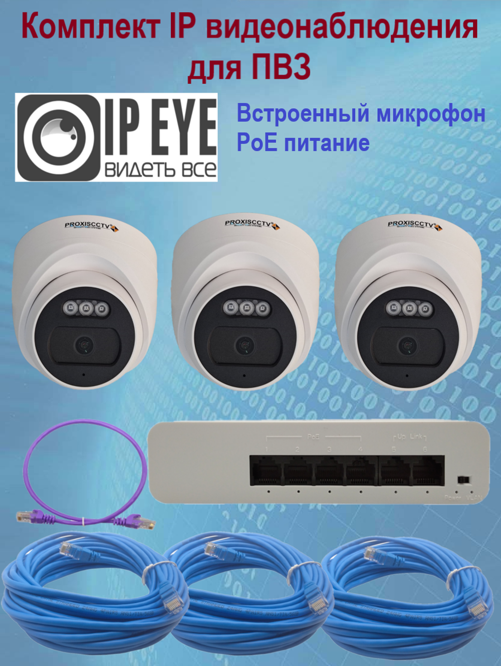 Комплект из 3 купольных камер IP-видеонаблюдения 2 Мп для ПВЗ / PoE / IPEYE / с микрофоном