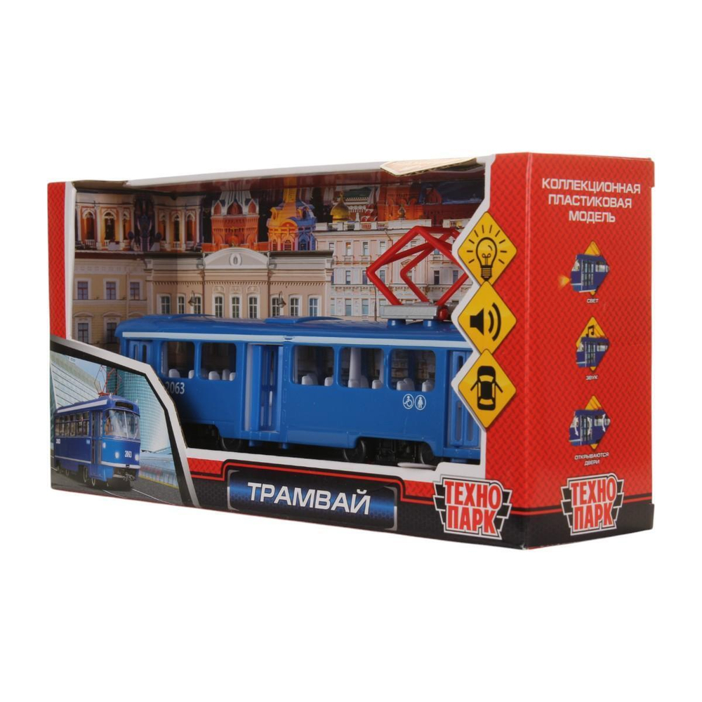 Модель ин. пласт. "Трамвай" 24см. на бат. свет+звук, открыв. двери, коробка CT12-428-2-BL (Технопарк)