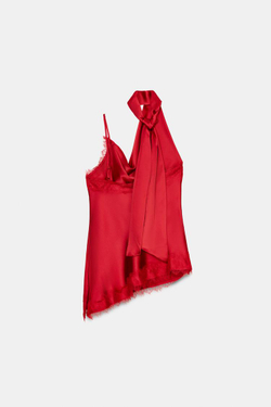 ZARA ТОП В БЕЛЬЕВОМ СТИЛЕ С КОМБИНИРОВАННЫМ КРУЖЕВОМ, КРАСНЫЙ