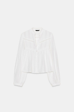 ZARA УКОРОЧЕННАЯ РУБАШКА С КРУЖЕВОМ, ЖЕЛТОВАТО-БЕЛЫЙ