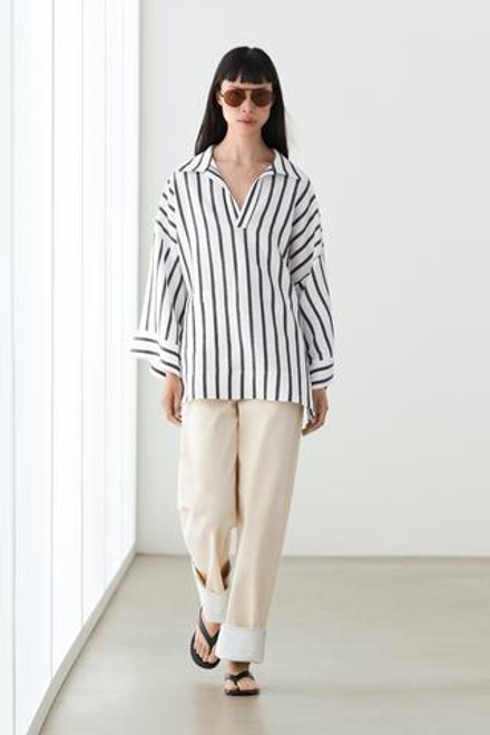 Massimo Dutti Рубашка оверсайз в полоску из льна, белый