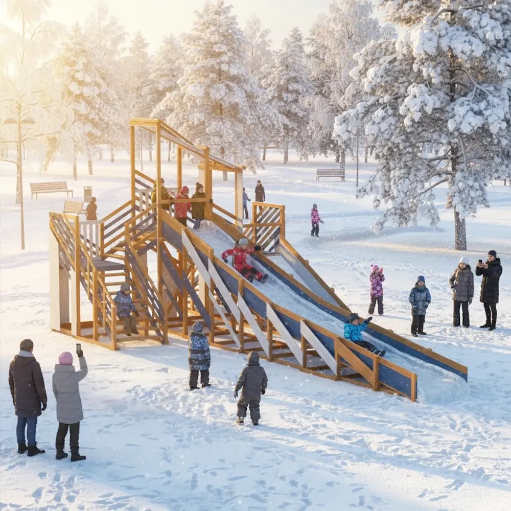 Зимняя деревянная горка "IgraGrad Snow Fox 12 м" с двумя скатами мод.624