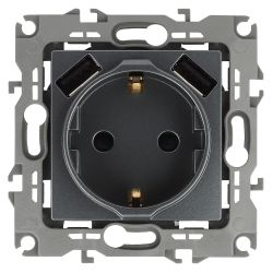 12-4109-12 ЭРА Розетка 2P+E 16A-250В, штор. с 2xUSB 5В-3А, Эра12, графит | Эра 12 Графит