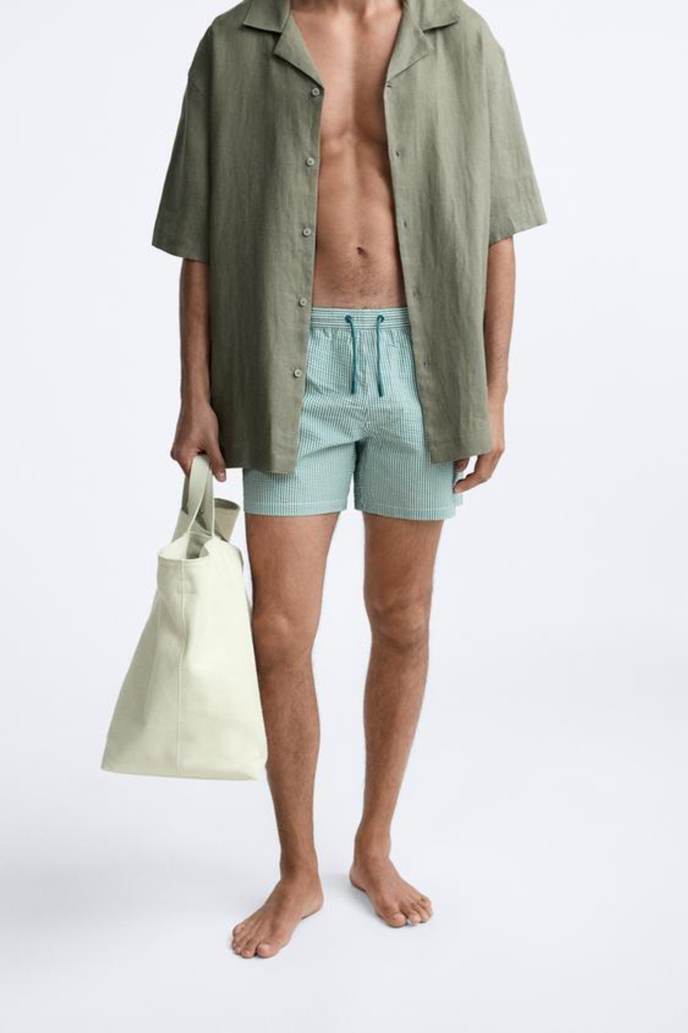 ZARA ПЛАВКИ SEERSUCKER КЛАССИЧЕСКОГО КРОЯ, СИНЕ-ЗЕЛЕНЫЙ