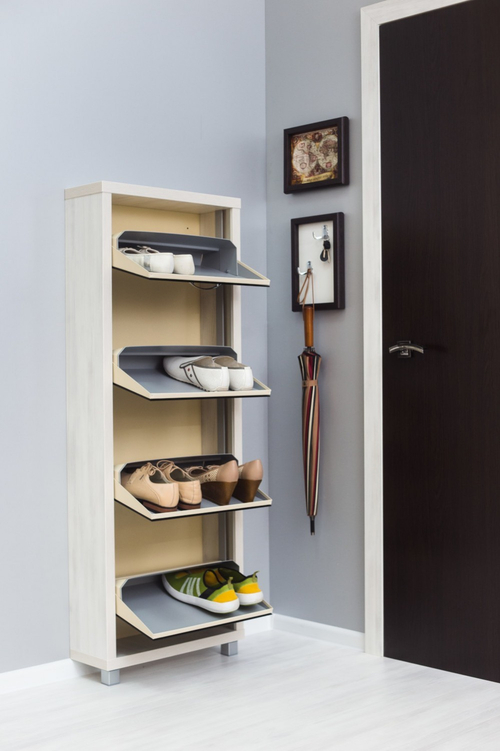 Обувница в прихожую компактная для обуви Люкс 4 черное стекло выбеленное дерево