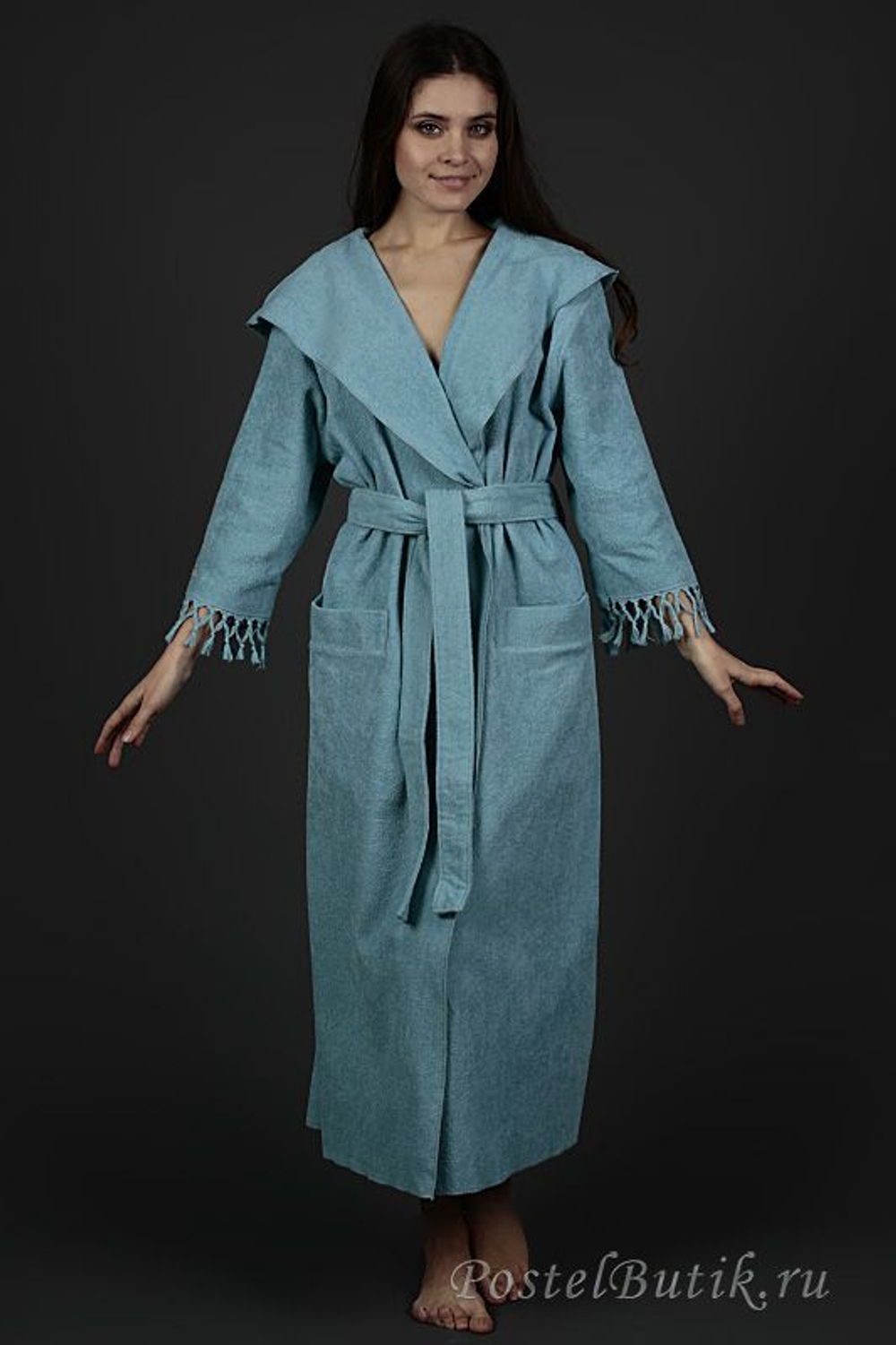 Элитный халат хлопковый Meyzer Tassels бирюзовый от Hamam