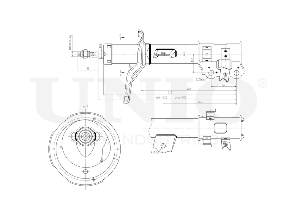 Амортизатор газовый передней подвески левый UNIO SAB-10182