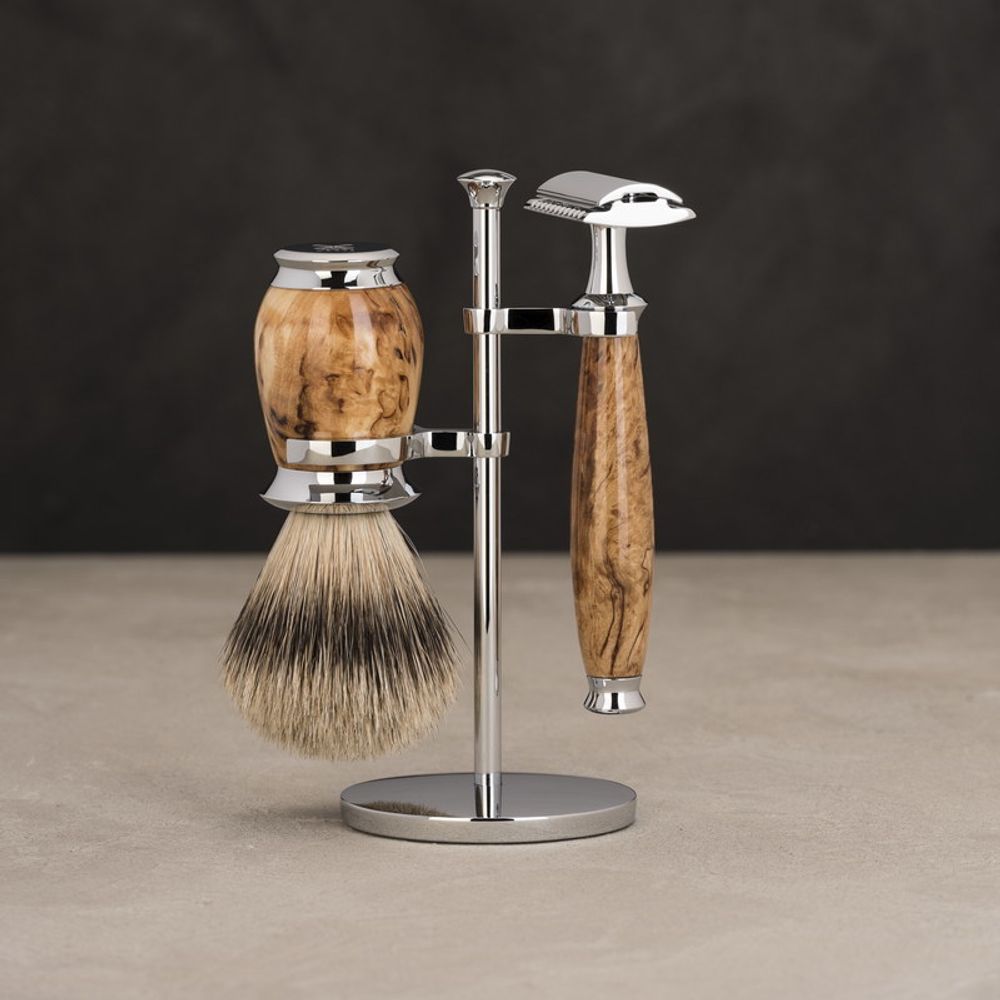 Бритвенный набор MUEHLE PURIST, каповая береза, барсучий ворс высшей категории Silvertip, Т-образная бритва (S 091 H 55 SR)