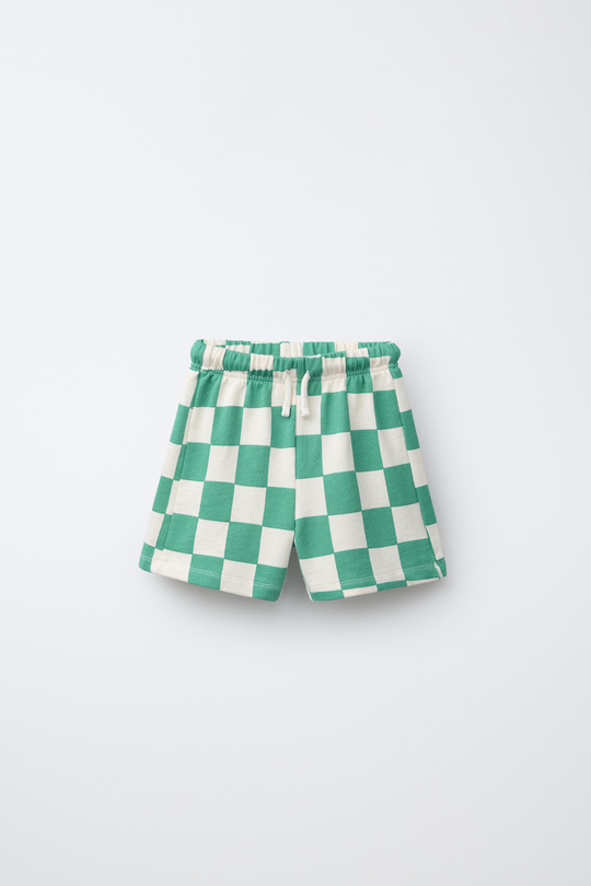 ZARA ШОРТЫ-БЕРМУДЫ В ШАХМАТНУЮ КЛЕТКУ, ЭКРЮ/ЗЕЛЕНЫЙ
