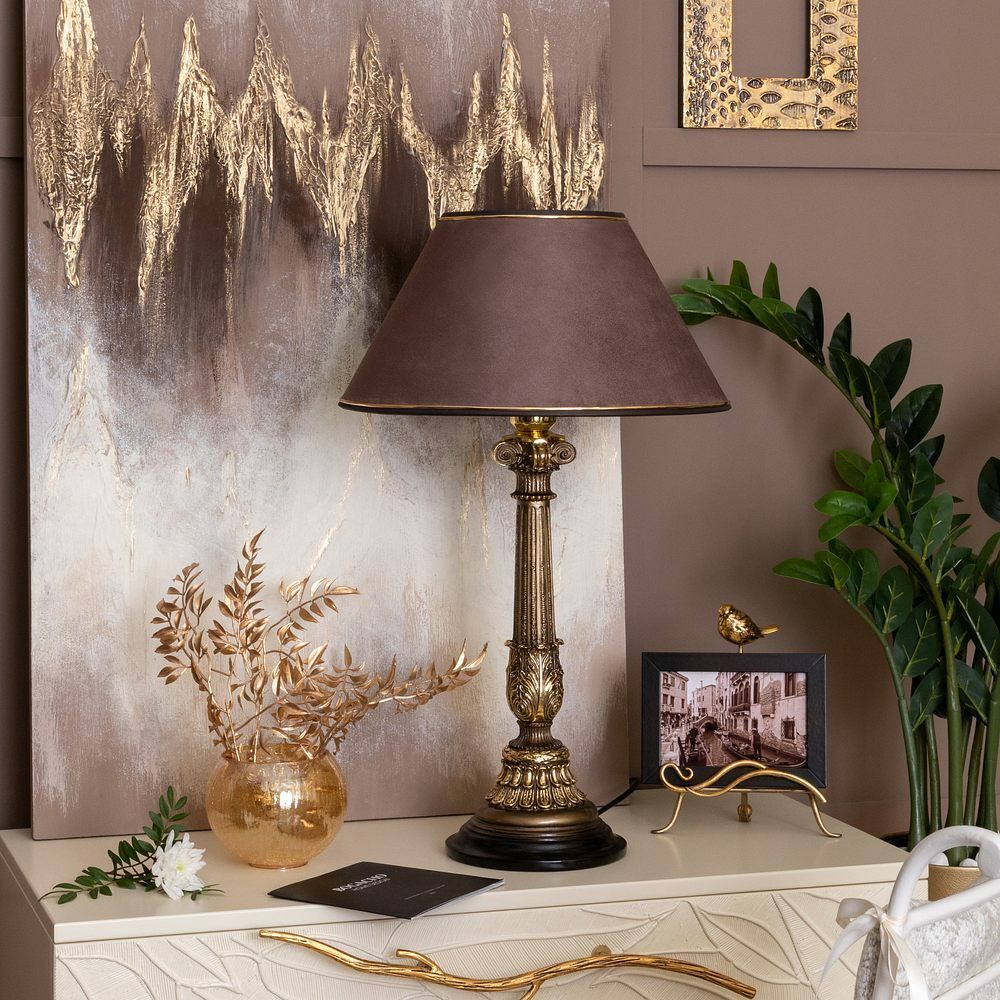 Настольная лампа Испанская Колонна Бронза с абажуром №38 Кофе-2
