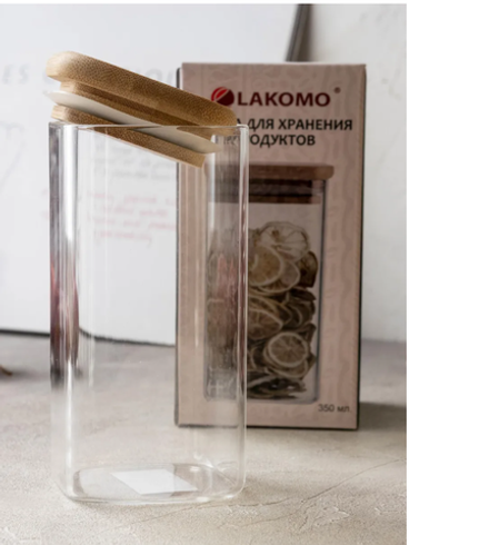 Банка для хранения дерев. крышка 350мл, h=12см, квадратная в п.у.