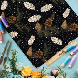 Ткань премиум шелк искусственный Армани шишки на фоне ночного неба