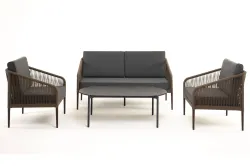 "Канны" лаунж-зона 4-местная из роупа со столом "Верона" (серый гранит), каркас алюминиевый коричневый, роуп коричневый