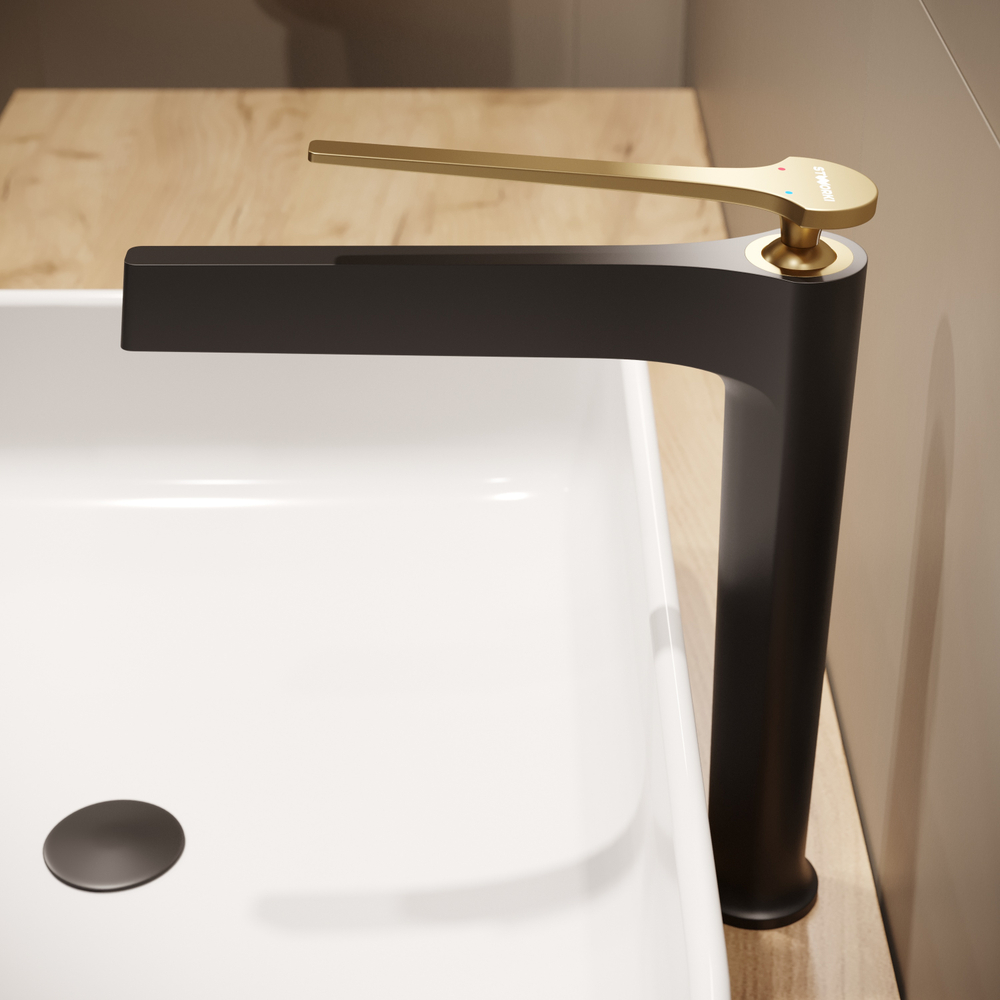 Смеситель для раковины STWORKI Аулум S06020BG матовый черный, матовое золото + донный клапан SD-001BK матовый черный