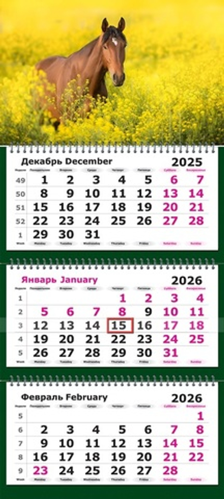 Календарь трехсекционный на 2026 год, "Символ Года, Лошадь на цветущем лугу"