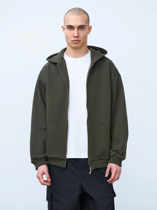 Худи оверсайз на молнии без начеса (хаки)