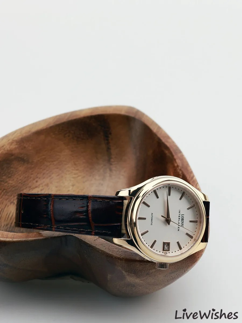 Часы наручные механические с автоподзаводом ПРЕМИУМ LOBINNI на кожаном ремешке, золотистый/коричневый W9680-01