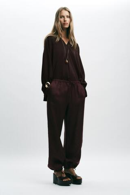 ZARA БЛУЗА ИЗ АТЛАСА С РУКАВАМИ-НАКИДКАМИ, КОРИЧНЕВЫЙ