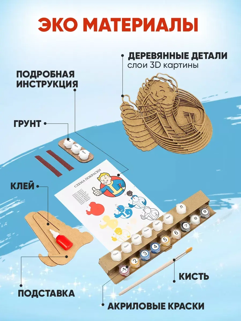 Деревянные пазлы картина по номерам Волт-Бой Fallout 30х30см