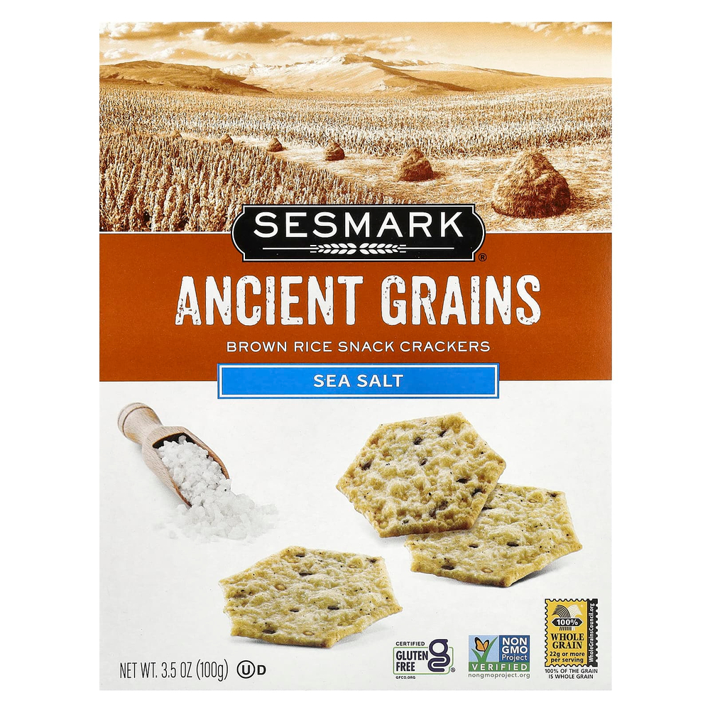 Sesmark, Ancient Grains, крекеры из коричневого риса, морская соль, 100 г (3,5 унции)