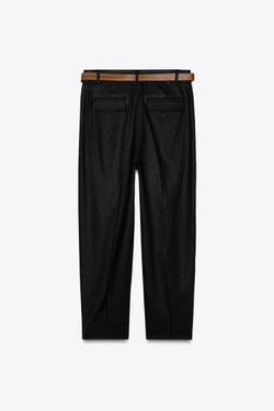 ZARA БРЮКИ ПРЯМОГО КРОЯ ИЗ СМЕСОВОГО ЛЬНА С РЕМНЕМ, ЧЕРНЫЙ