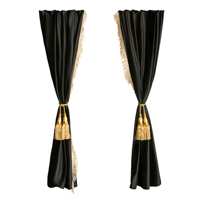 Шторы спального места с прихватами "Кисти" золотыми в кабину Volvo, Scania, MAN, DAF, Merc, Камаз, Sitrak, Shacman, Foton, FAW. Высота 1,5м, ширина одной стороны - 1,15м. Блэкаут, велюр. Черный цвет с бежевой бахромой и золотыми кистями