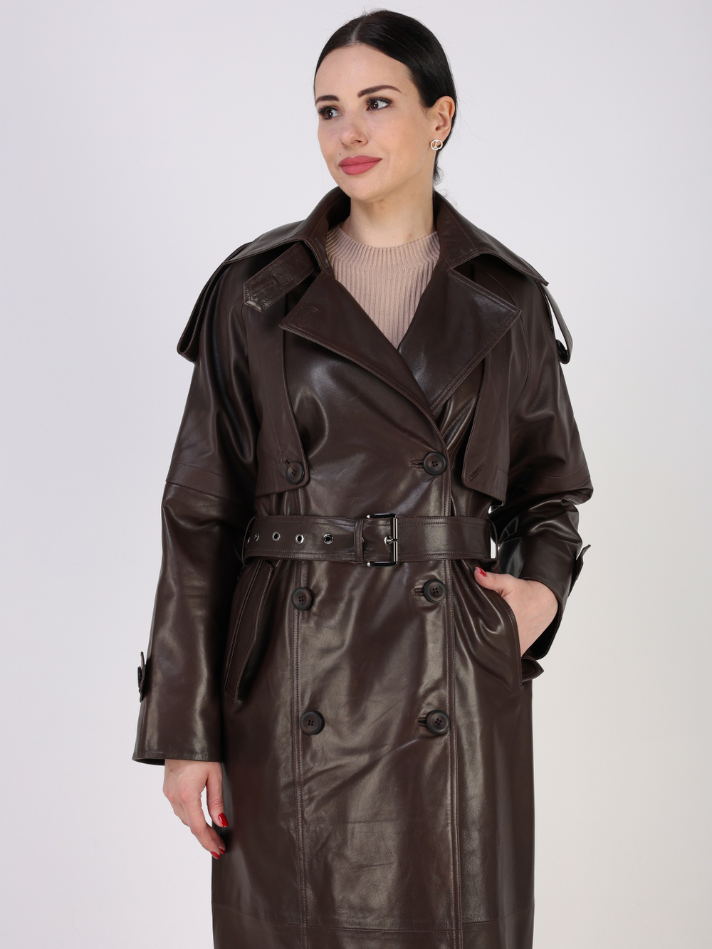 Тренч длинный кожаный с поясом плащ