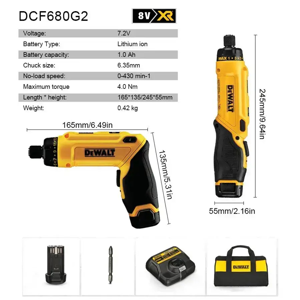 DEWALT Электрическая отвертка 7,2 В, с двумя батареями и сумка для инструментов,Складная перезаряжаемая литиевая аккумуляторная электрическая дрель-отвертка DCF680G2