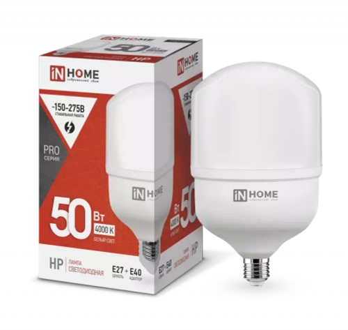 Лампа светодиодная LED-HP-PRO 50Вт 230В Е27 с адаптером E40 4000К БЕЛЫЙ 4750Лм IN HOME