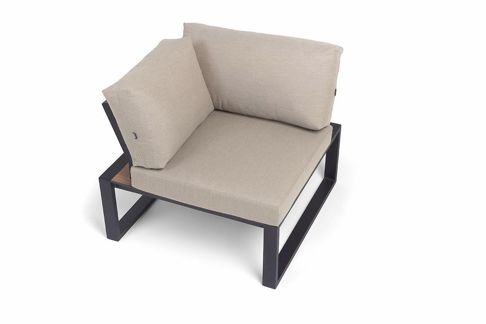 "Тулон" угловой модуль, каркас алюминий, HPL "дуб", черный муар, ткань бежевая 15052