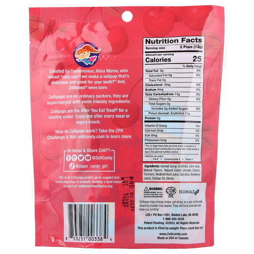 Zollipops, The Clean Teeth Pops, вишня, 3,1 унции